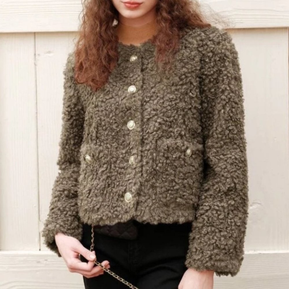 Brown Teddy faux fur Button Down with Pockets Jacket Coat - Picture 6 of 7